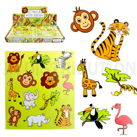 PLANCHE DE 12 STICKERS 10 x 11.5 cm " ANIMAUX JUNGLE "